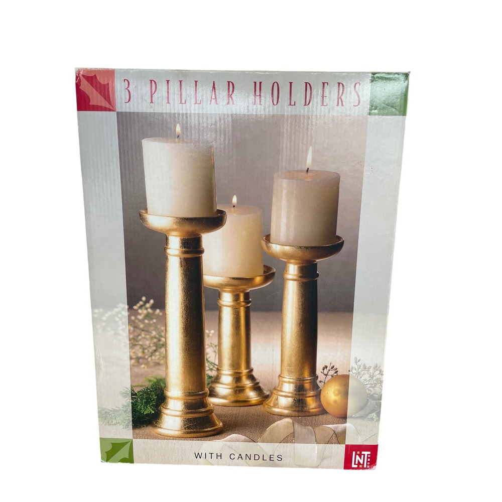 VTG Linens 'N Things Gold Gilded‎ Pillar Candle Holder Set of 3 w/ Ball Candles
